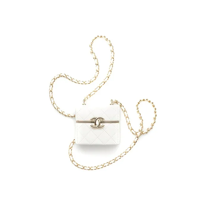 CHANEL Sheepskin Small Bag Necklace Pouch Airpods Headphone Case Bag Accessory Unisex White-0