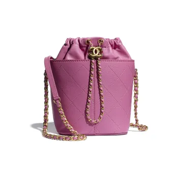 CHANEL Drawstring Grain Lambskin, Smooth Lambskin, And Gold Metal Bucket Bag, Drawstring Bag Women's Purple