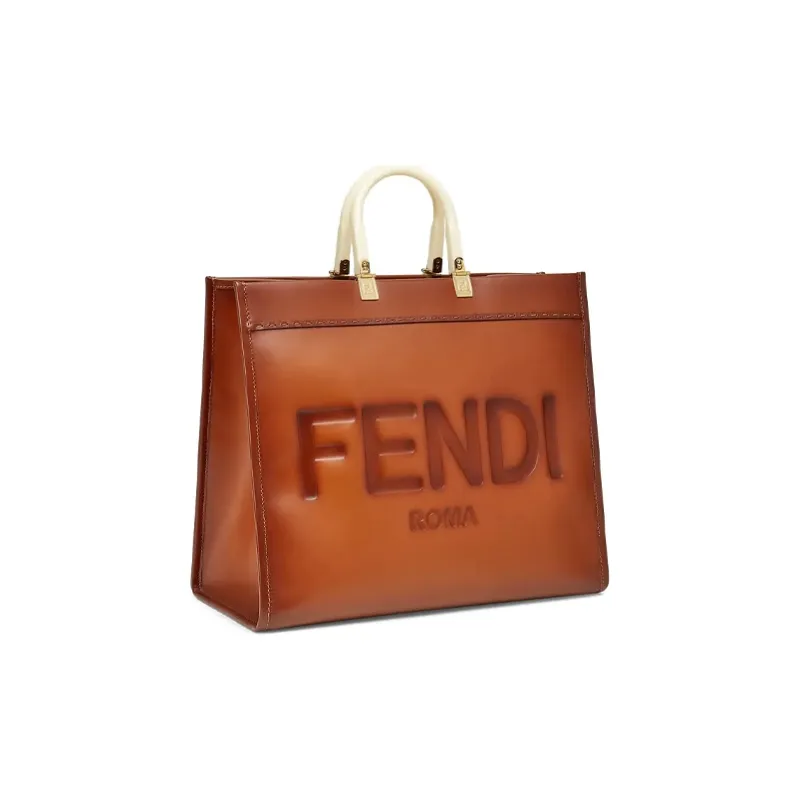 FENDI Sunshine Leather Sunlight Bag Tote Bag Shopping Bag Handbag Large Size Unisex Brown-1