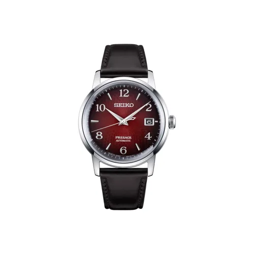 SEIKO Japan Classic Cocktail Collection Automatic Mechanical Movement Leather Strap Watch Men's Watches Red Watch Dial
