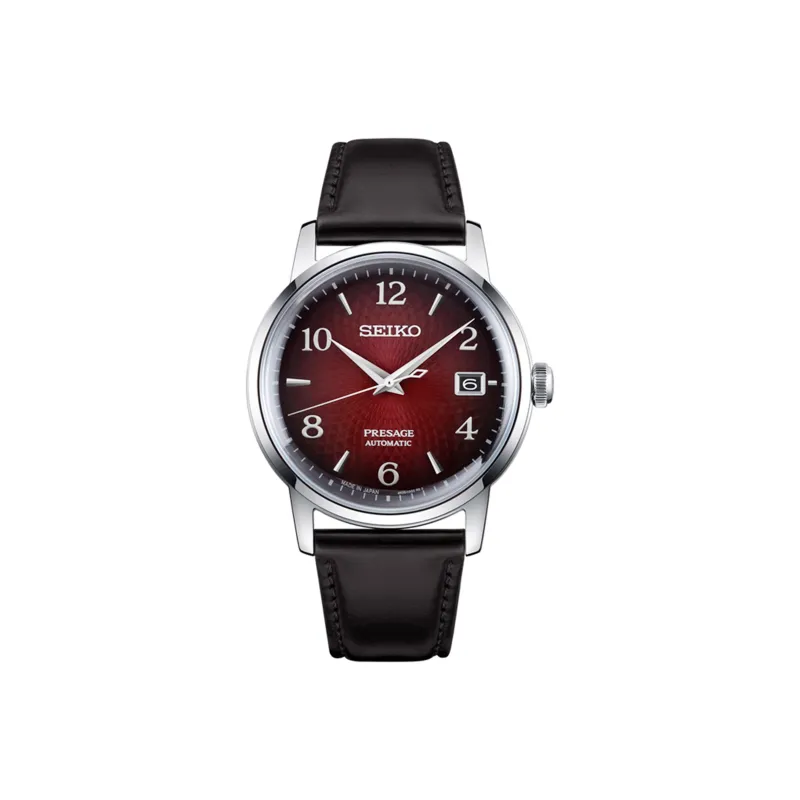 SEIKO Japan Classic Cocktail Collection Automatic Mechanical Movement Leather Strap Watch Men's Watches Red Watch Dial-0