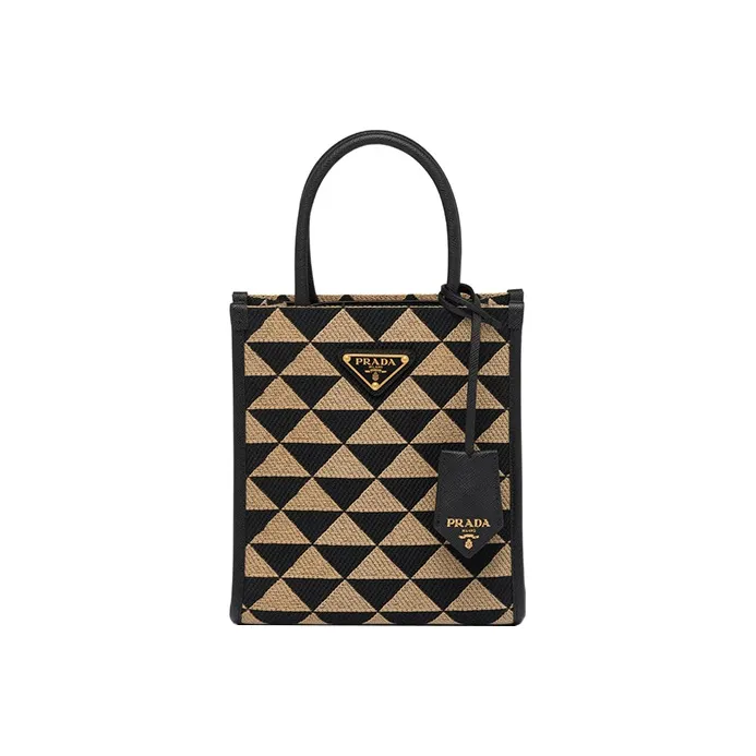 PRADA Symbole Embroidered Fabric Tote Bag Shopping Bag Handbag Small Size Women's Black/Beige Yellow-0