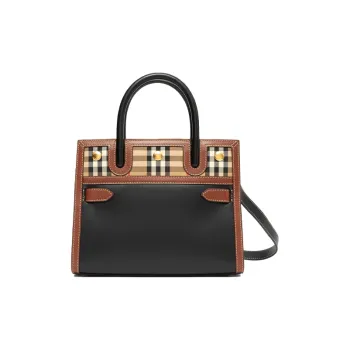 Burberry Leather And Vintage Check Two handle Title Bag Mini Black/Multi