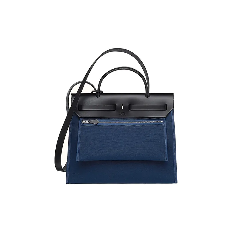 HERMES Herbag Canvas With Hunter Cow Leather Handbag Shoulder Bag Crossbody Bag Women's Malta Blue/Black-2
