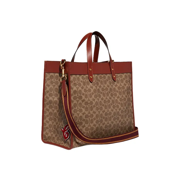 COACH Field Canvas Leather Tote Bag, Shopping Bag, Shoulder Bag, Crossbody Bag, Handbag Tubas Unisex Khaki & Brown-1