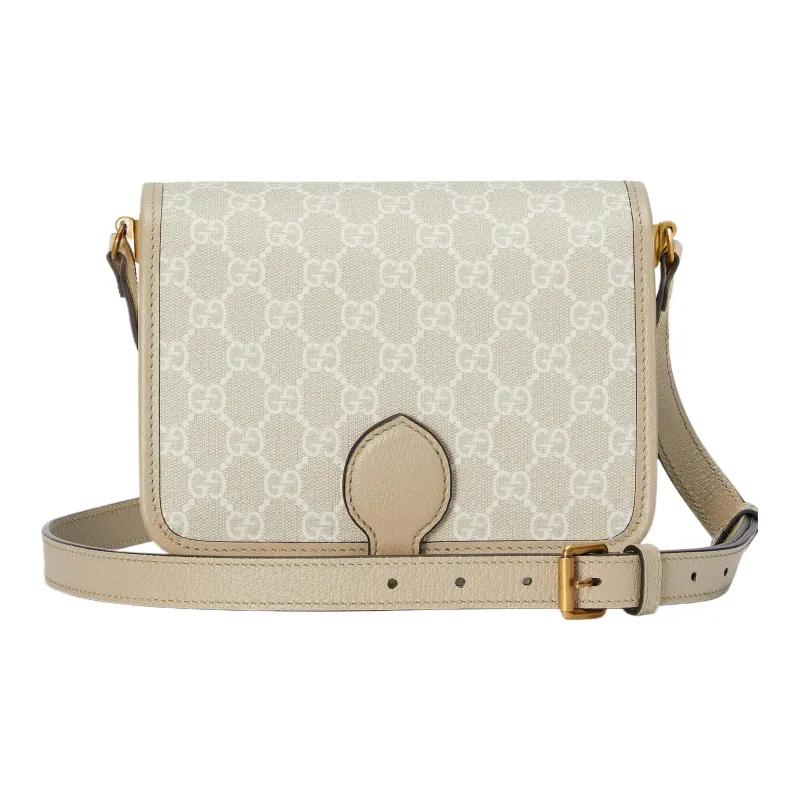GUCCI Canvas With Leather Messenger Bag, Trunk Bag, Crossbody Bag, Shoulder Bag Mini Unisex Beige & White-1