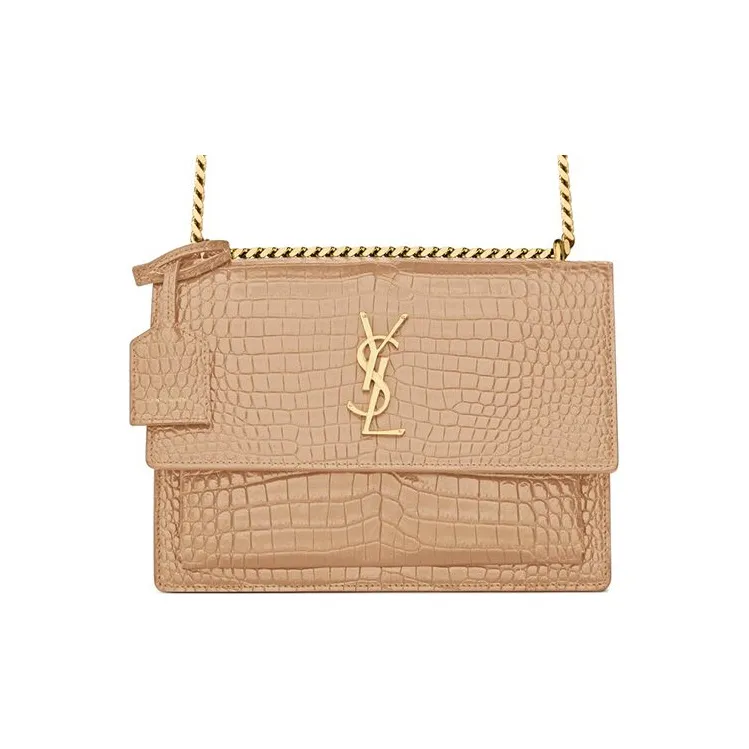 SAINT LAURENT Crocodile Embossed Shiny Leather Sunset Bag Shoulder Bag Crossbody Bag Women's Dark Beige-4
