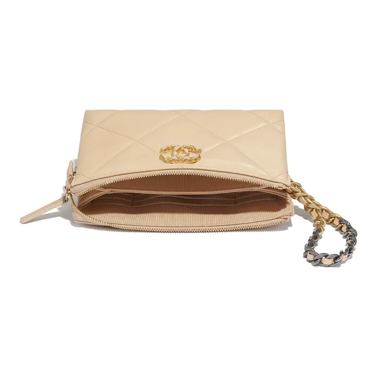CHANEL Goatskin Clutch Trumpets Women's Beige-3