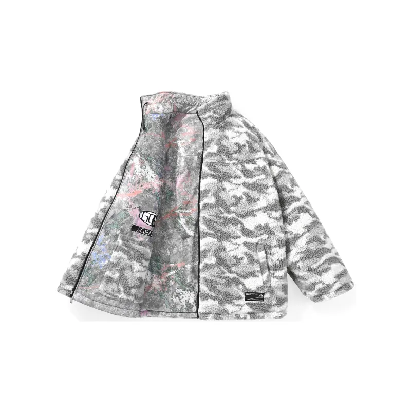 GENANX Letter Stand Collar Loose Fit Puffer Jacket Unisex Gray/Apricot Gray-2