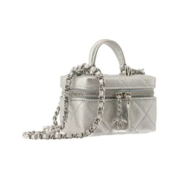 CHANEL Litchi Grain Cow Leather Box Bag, Handbag, Shoulder Bag, Crossbody Bag Trumpets Women's Silver