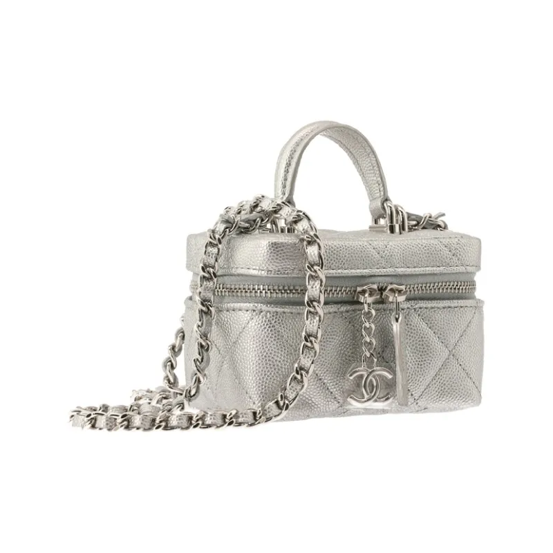 CHANEL Litchi Grain Cow Leather Box Bag, Handbag, Shoulder Bag, Crossbody Bag Trumpets Women's Silver-0