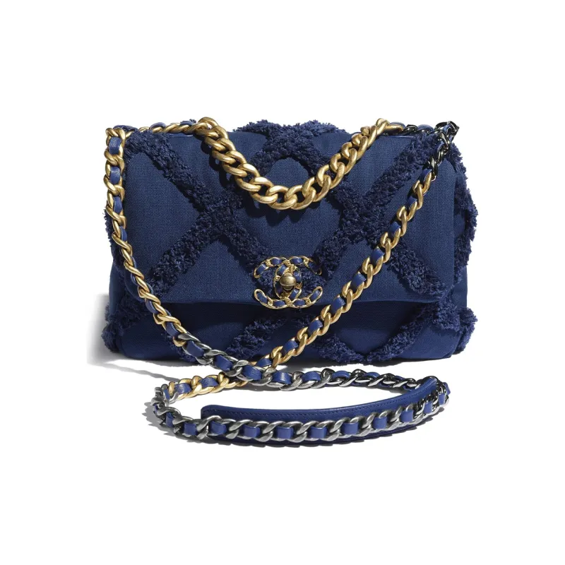CHANEL 19Bag Cotton Canvas With Calfskin Shoulder Bag, Crossbody Bag Trumpets Women's Marine Blue-0