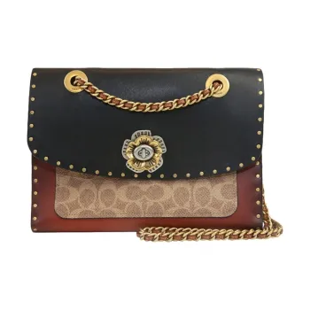 COACH Parker Coated Canvas With Calfskin Trim Portable Crossbody Bag, Shoulder Bag Women's Black & Monogram Red Brown