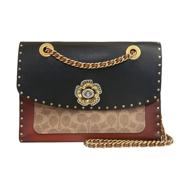 COACH Parker Coated Canvas With Calfskin Trim Portable Crossbody Bag, Shoulder Bag Women's Black & Monogram Red Brown-0