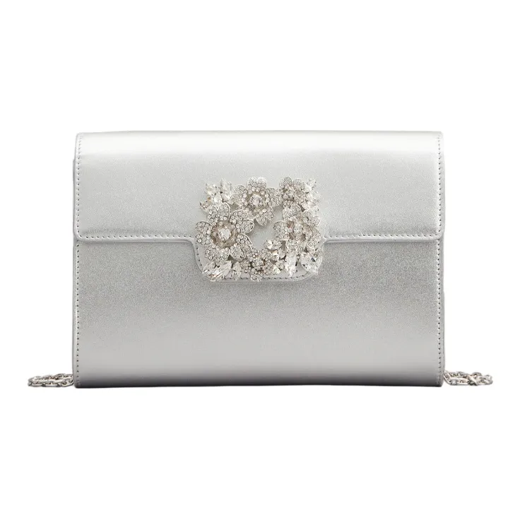 Roger Vivier RV BOUQUET STRASS Cow Leather Evening Party Bag Clutch Shoulder Bag Crossbody Bag Mini Women's Silver-0