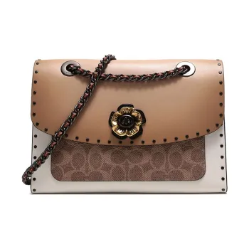 COACH Parker Leather Chain Bag Shoulder Bag Crossbody Bag Women's Yellow Color Antique Flower Mountain Camellia