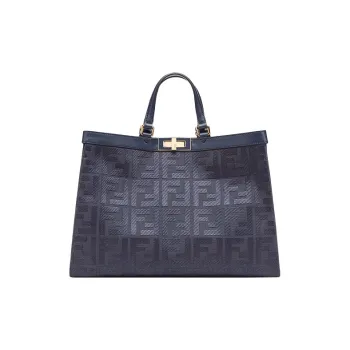 FENDI Peekaboo Canvas With Leather One Shoulder Handbags Medium Size Women's Dark Blue