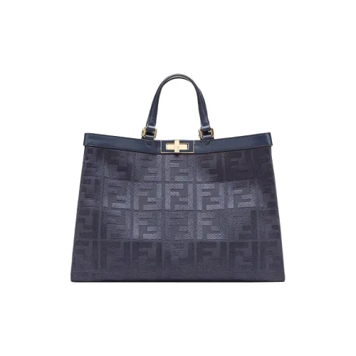 FENDI Peekaboo Canvas With Leather One Shoulder Handbags Medium Size Women's Dark Blue