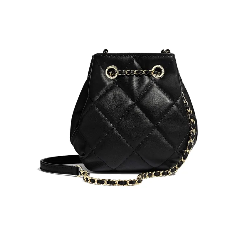 CHANEL Drawstring Sheepskin Drawstring Bag Metal Chain Bag Crossbody Bag Women's Black-1