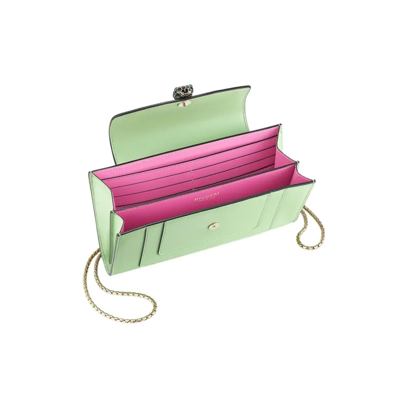 BVLGARI Serpenti Forever Cow Leather Wallet Cell Phone Pouch Shoulder Bag Women's Green-1
