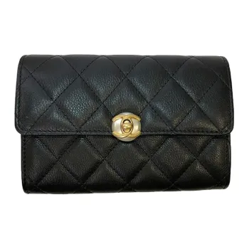 CHANEL Calfskin Flap, Double Fold, Long Wallet, Crossbody Bag Women's Black