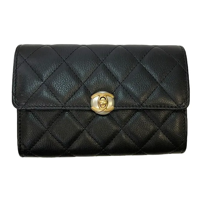 CHANEL Calfskin Flap, Double Fold, Long Wallet, Crossbody Bag Women's Black-0