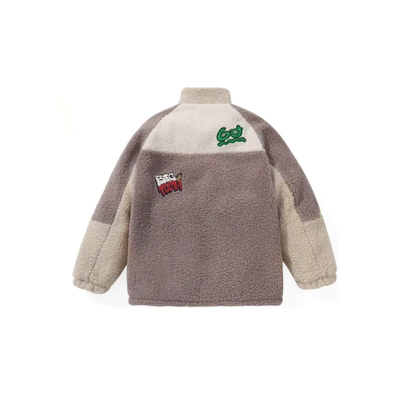 Bt Letter Colorblock Geometric Pattern Stand Collar Loose Fit Puffer Jacket Unisex Khaki-2