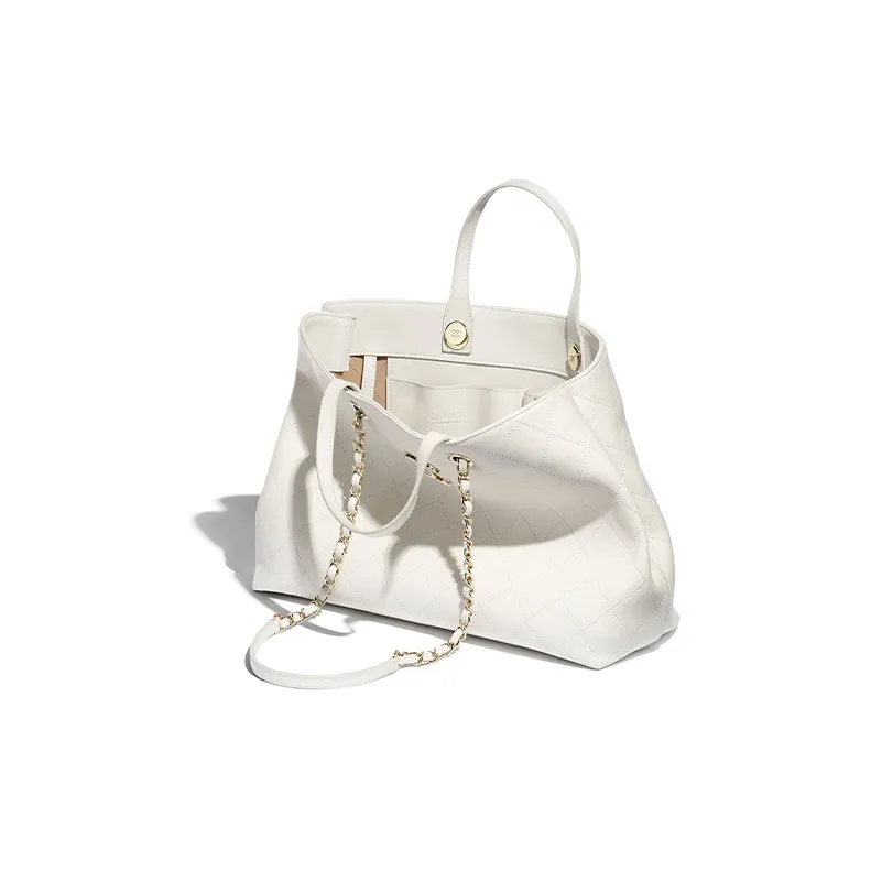 CHANEL Calfskin+Gold Metal Tote Bag, Shopping Bag, Shoulder Bag Women's White-1