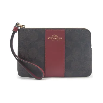 COACH Corner Zip Canvas With Leather Wrist Bag Clutch Coin Purse Women's Dark Brown & Red