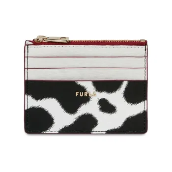 Furla Cow Leather Card Holder Small Size Women's Black White