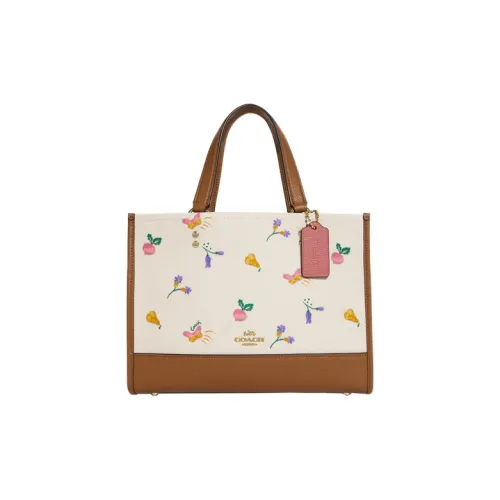 COACH Dempsey Coated Canvas With Leather Tote Bag, Shopping Bag, Coco Tubas Women's Dark Khaki & Ecru