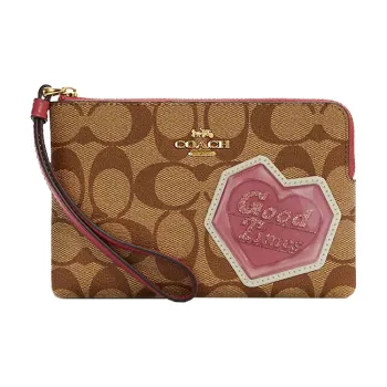 COACH Corner Zip Canvas Leather Wrist Bag Clutch Wallet Women's Khaki & Peach Pink