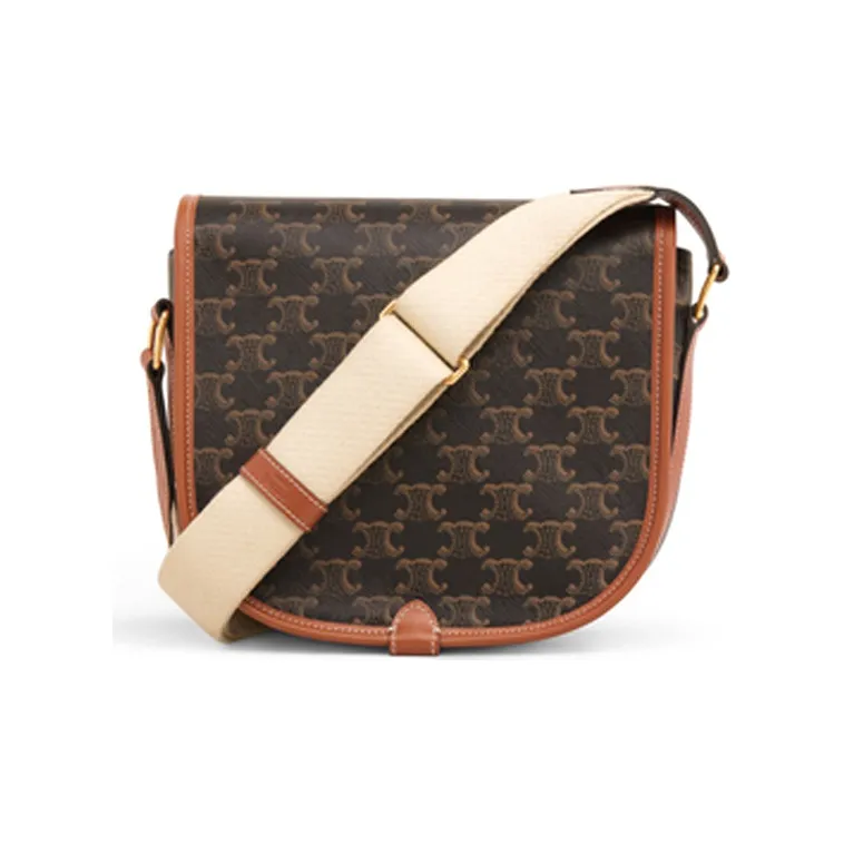 CELINE Triomphe Canvas And Calfskin FOLCO Bag, Messenger Bag, Shoulder Bag, Crossbody Bag Large Size Women's Tawny-2