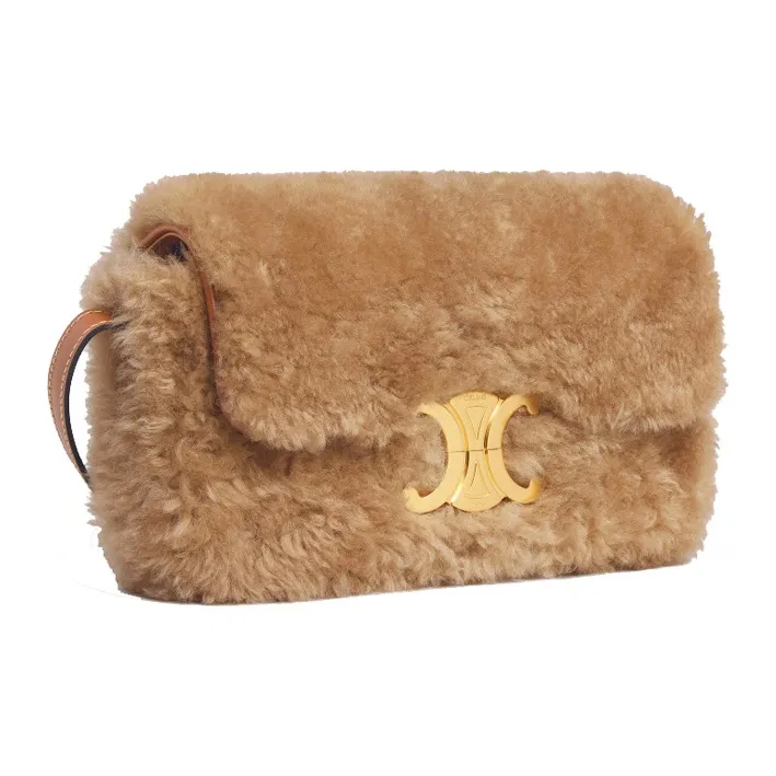 CELINE Triomphe Arc De Triomphe Shearling With Cow Leather Shoulder Bag, Handbag, Crossbody Bag Women's Beige-1