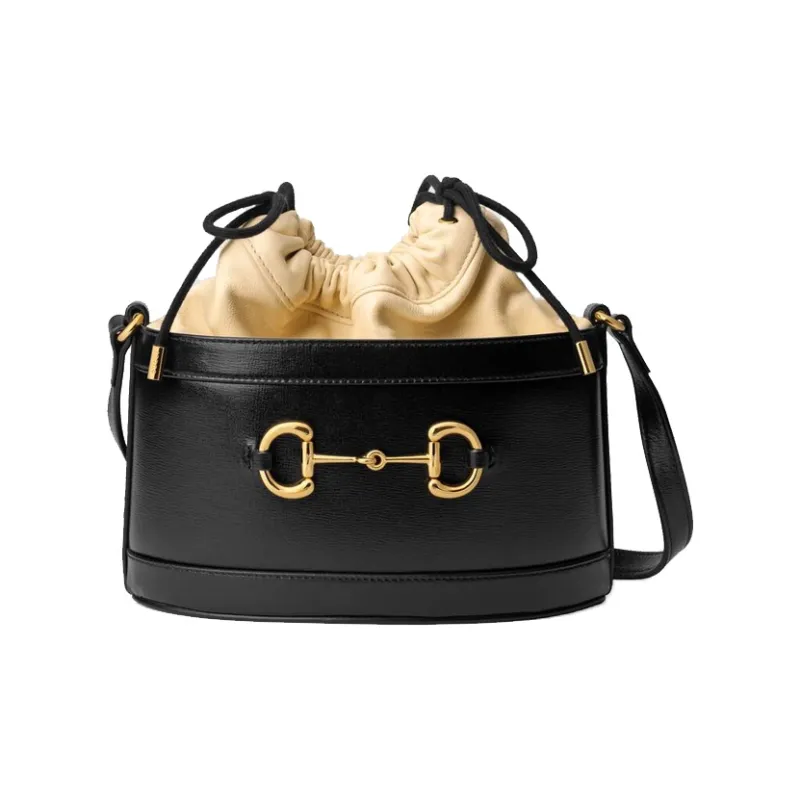 GUCCI Horsebit 1955 Leather Bucket Bags Shoulder Bag Crossbody Bag Women's Black/Beige-0