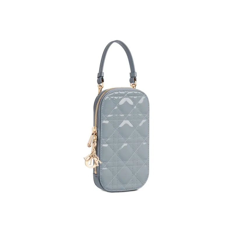DIOR Lacquered Finish Calfskin Handheld Handbag, Shoulder Bag, Crossbody Bag, Cell Phone Pouch Women's Haze Blue-1