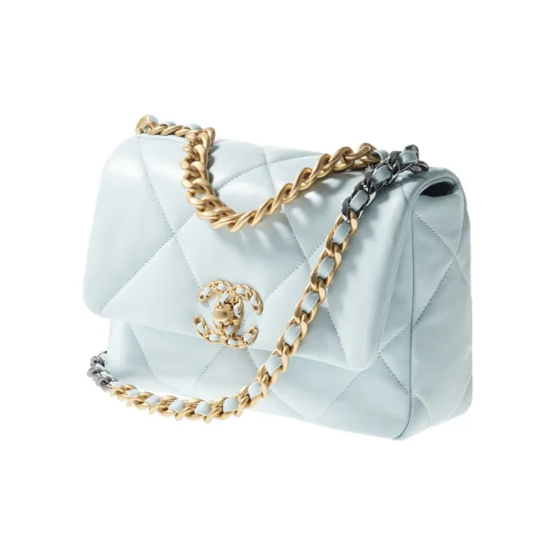 CHANEL 19Bag Lambskin And Gold Metal Shoulder Bag, Crossbody Bag Women's Light Blue-1