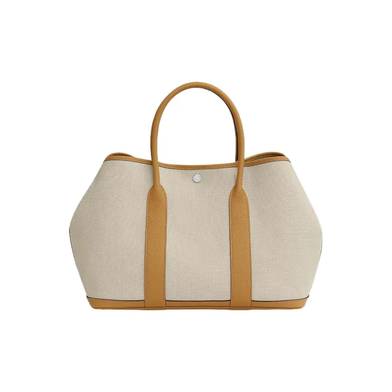 HERMES Garden Party Canvas With Negonda Calfskin Garden Handbag Regular Unisex Concrete Gray With Cookie Pattern-0