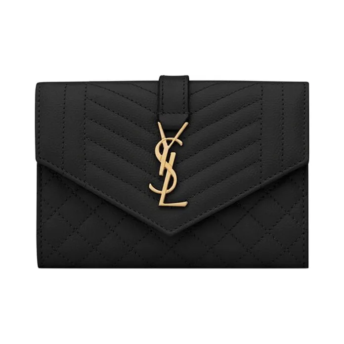 SAINT LAURENT Grained Embossed Leather Envelope Wallets Small Size Women's Black-0