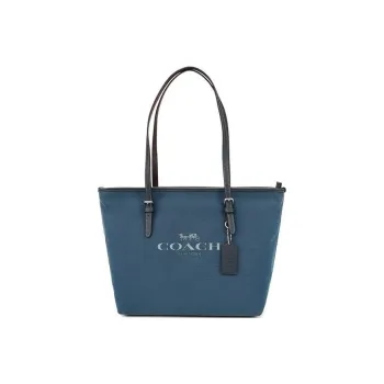 COACH Zip Top Tote Canvas Tote Bag, Shoulder Bag Large Size Women's Navy Blue