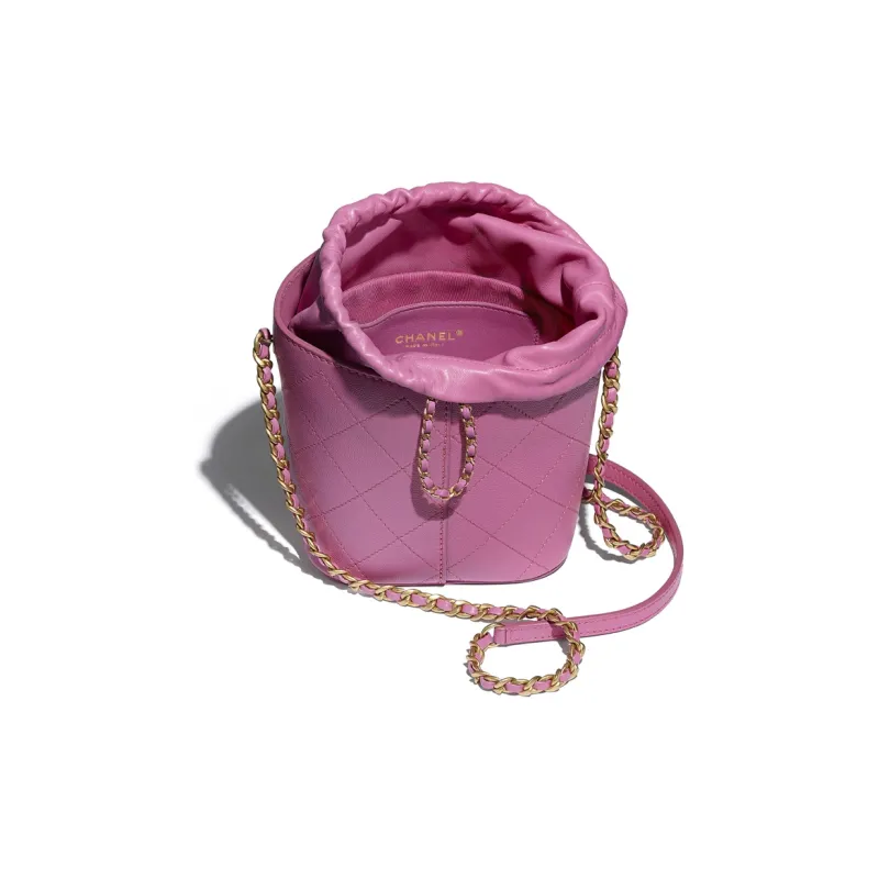 CHANEL Drawstring Grain Lambskin, Smooth Lambskin, And Gold Metal Bucket Bag, Drawstring Bag Women's Purple-2