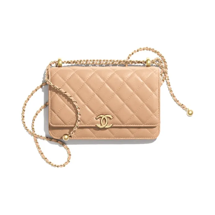 CHANEL WOC Small Gold Ball Cow Leather Wallet On Chain, Coin Purse, Shoulder Bag, Crossbody Bag Women's Nude/Milk Tea-0