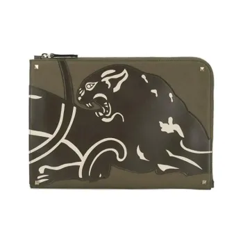 Valentino Rockstud Cow Leather Clutch Shoulder Bag Large Size Unisex Army Green