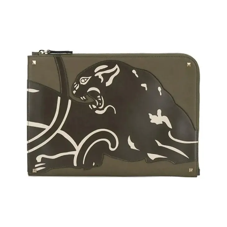 Valentino Rockstud Cow Leather Clutch Shoulder Bag Large Size Unisex Army Green-0