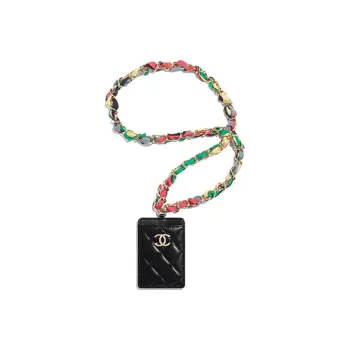 CHANEL Shiny Lambskin Necklace Card Holder Women's Black