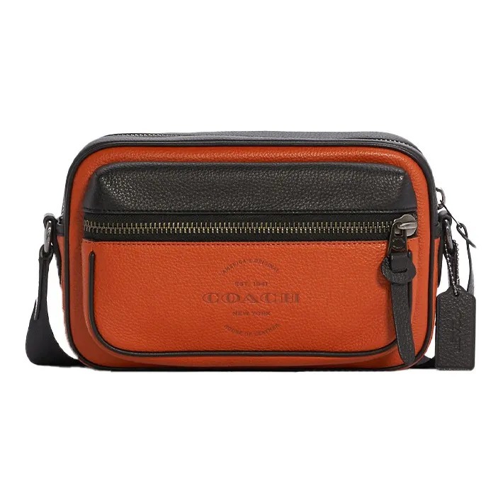 COACH Thompson Pebbled Leather Camera Bag, Shoulder Bag, Crossbody Bag Trumpets Men's Orange Black Multicolor-0