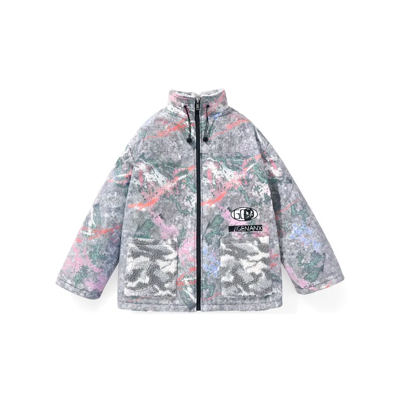 GENANX Letter Stand Collar Loose Fit Puffer Jacket Unisex Gray/Apricot Gray-3