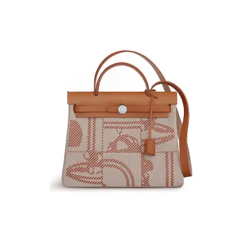 HERMES Herbag Zip Cowhide Patchwork Canvas Portable One Shoulder Canvas Bag Crossbody Bag Women's Gray & Brown