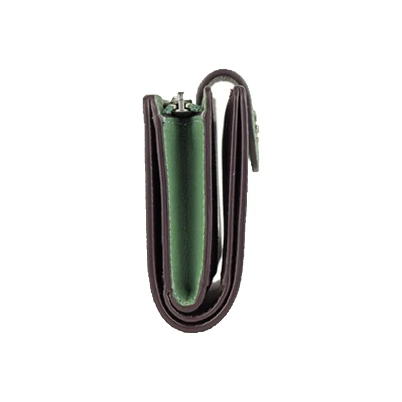 COACH Corner Zip Solid Color Cross Grain Leather Snap Closure Foldable Wallet Mini Women's Washed Green-2