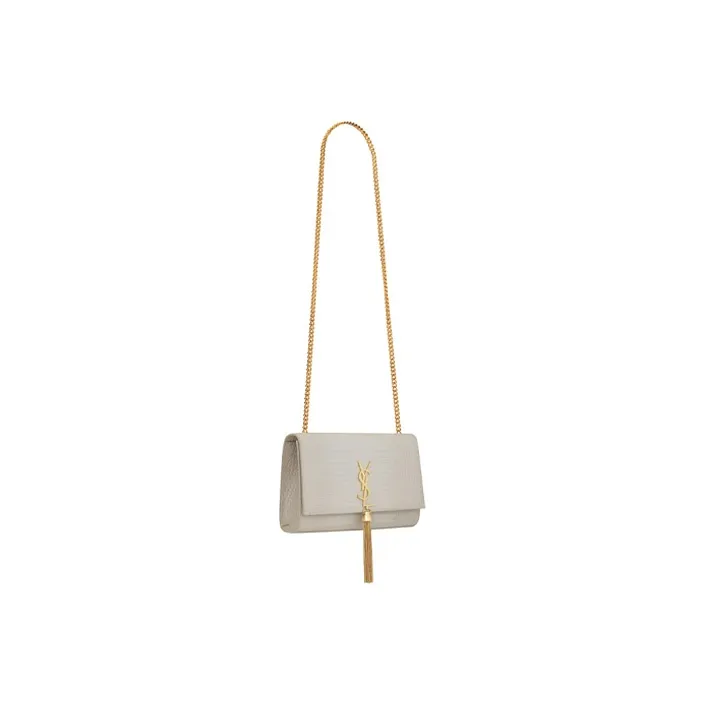 SAINT LAURENT KATE Crocodile Pattern Embossed Shiny Leather Fringe Shoulder Bag Crossbody Bag Medium Size Women's White-2
